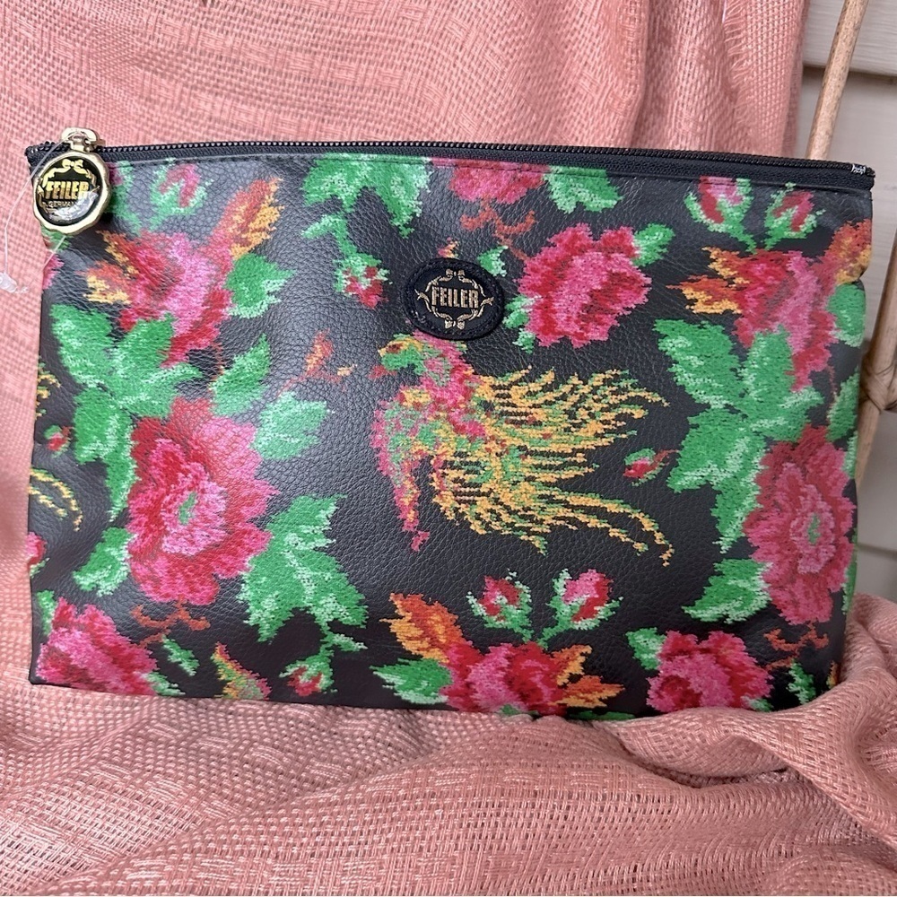 Feiler Germany Vintage Rare Faux Stitch Large Black Floral Clutch Make Up Bag
